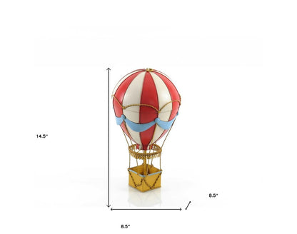 15" Red And White Metal Hand Painted Hot Air Balloon Tabletop Sculpture