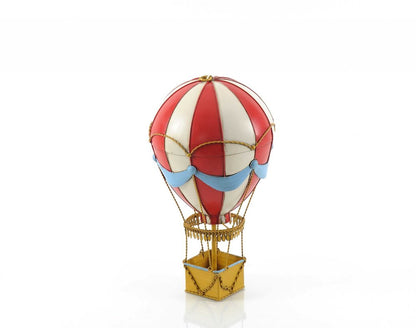 15" Red And White Metal Hand Painted Hot Air Balloon Tabletop Sculpture