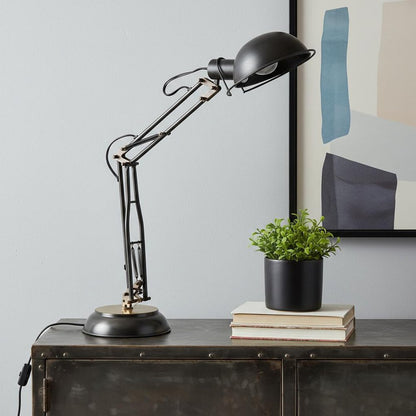 33" Black Metal Desk Table Lamp With Black Bowl Shade