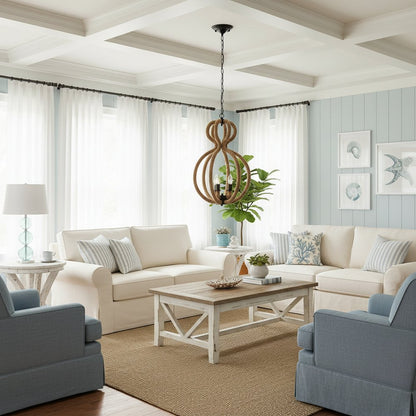 Natural and Black Iron and Rope Three Light Ceiling Light