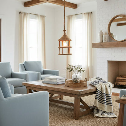 Beige and Black Iron and Rope Ceiling Light