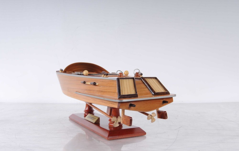 16" Brown Solid Wood Hand Painted Runabout Canoe Model Boat