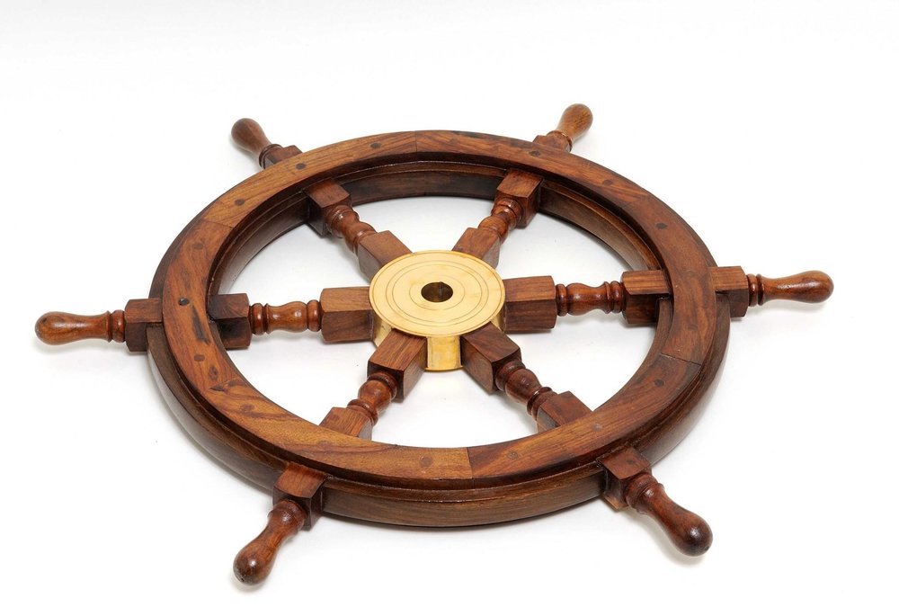 24" Brown Solid Wood And Brass Ships Wheel Hanging Dimensional Sculpture