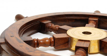 24" Brown Solid Wood And Brass Ships Wheel Hanging Dimensional Sculpture