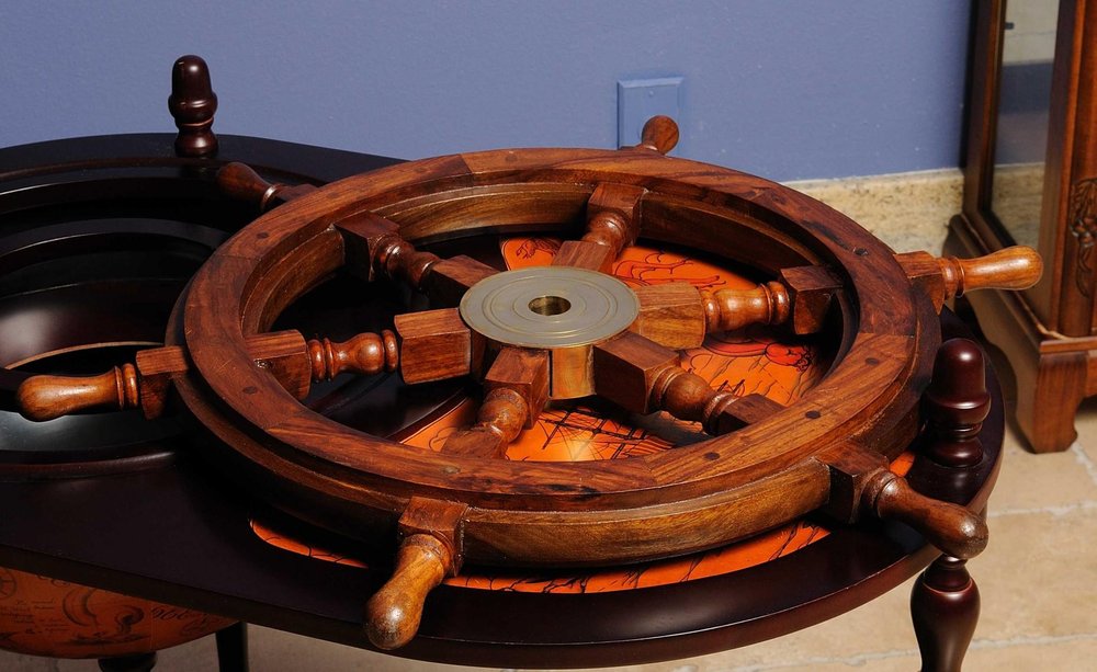 24" Brown Solid Wood And Brass Ships Wheel Hanging Dimensional Sculpture