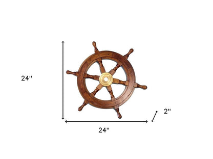 24" Brown Solid Wood And Brass Ships Wheel Hanging Dimensional Sculpture