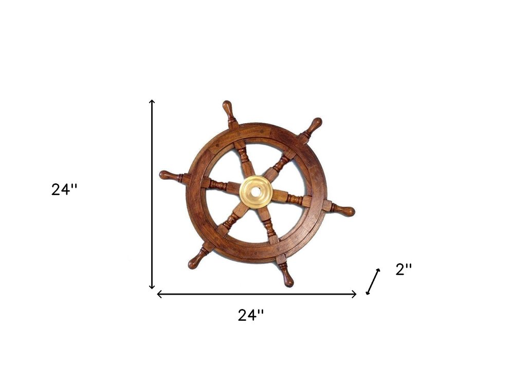 24" Brown Solid Wood And Brass Ships Wheel Hanging Dimensional Sculpture