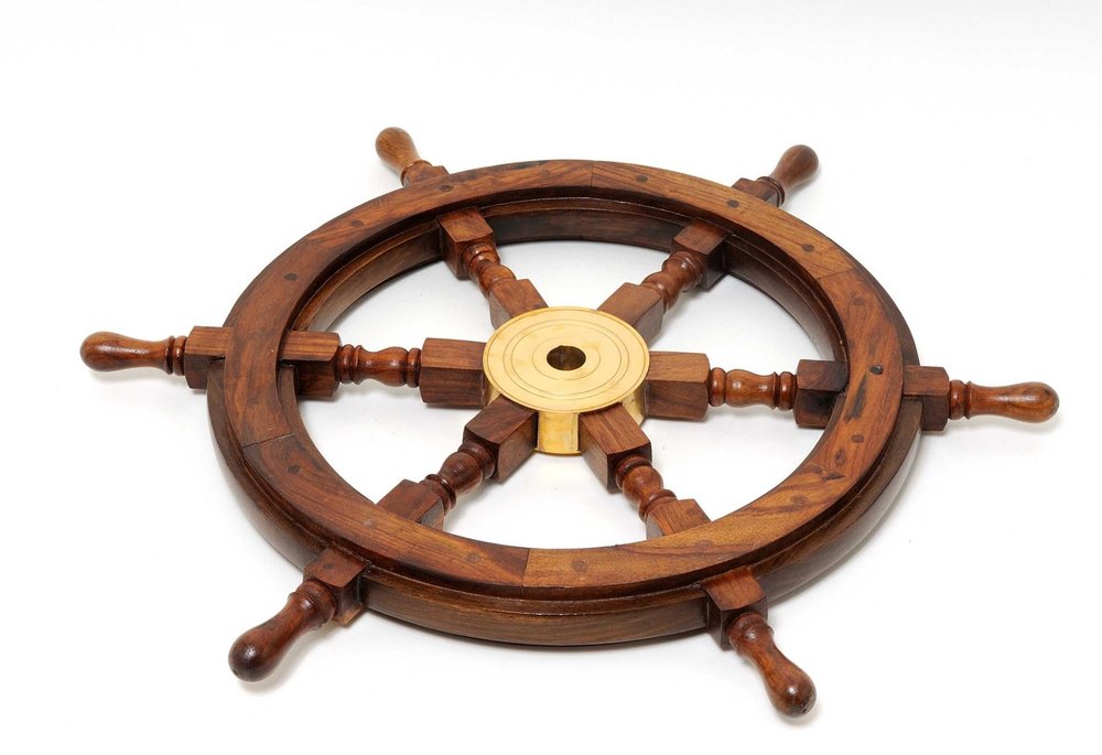 24" Brown Solid Wood And Brass Ships Wheel Hanging Dimensional Sculpture