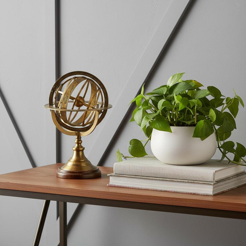 7" X 7" X 11.5" Armillary Sphere On Wood Base