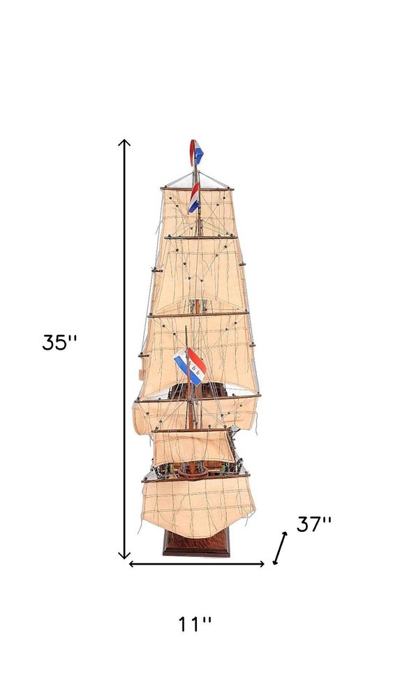 35" Wood Brown Solid Wood Hand Painted Model Boat Tabletop Sculpture