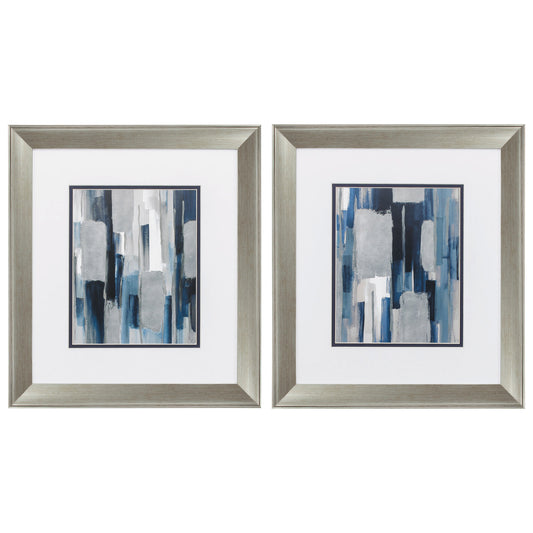 Set of Two Modern Blue Abstract Silver Framed Art