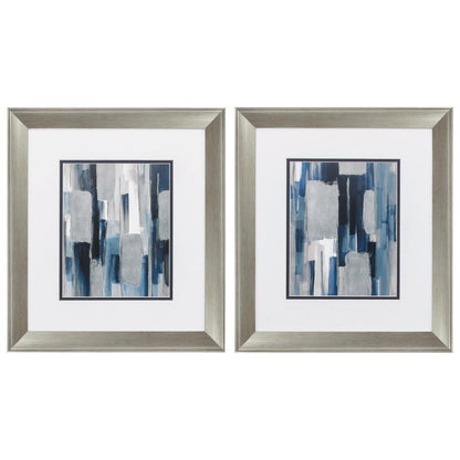 Set of Two Modern Blue Abstract Silver Framed Art
