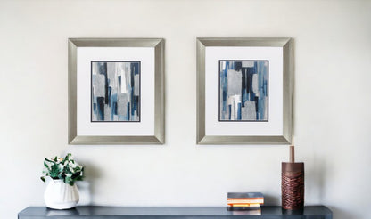 Set of Two Modern Blue Abstract Silver Framed Art