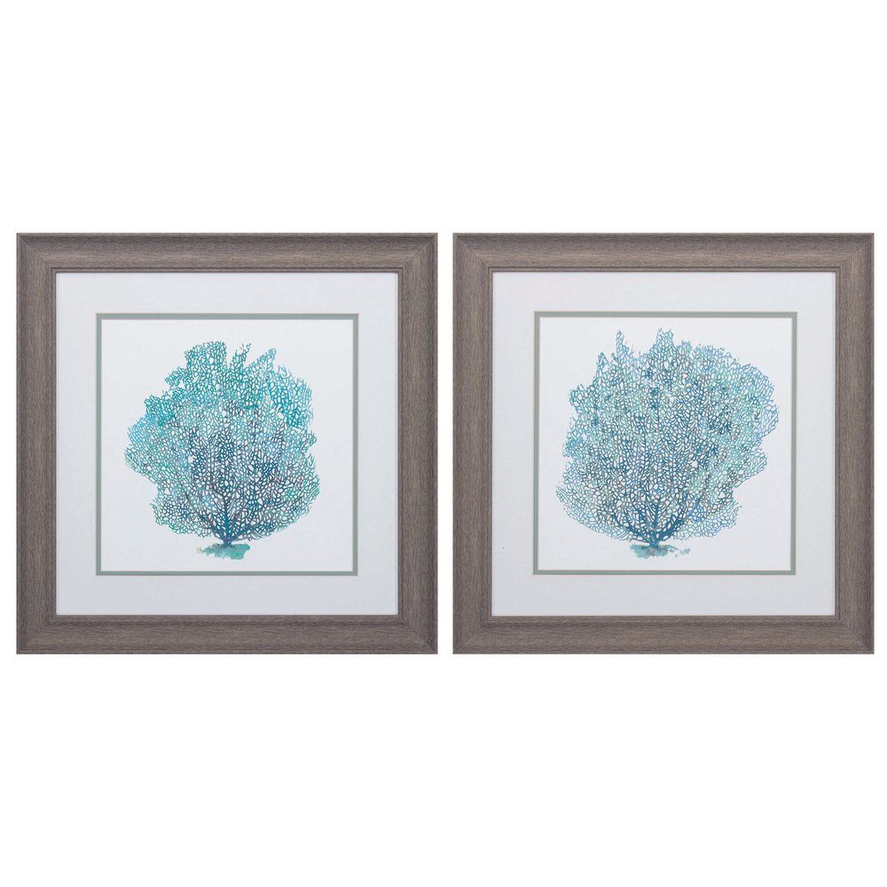 19" X 19" Distressed Wood Toned Frame Teal Coral On White (Set Of 2)