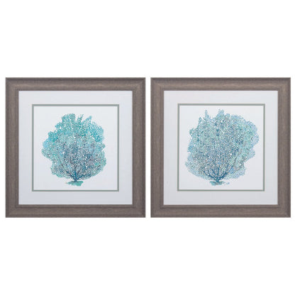 19" X 19" Distressed Wood Toned Frame Teal Coral On White (Set Of 2)