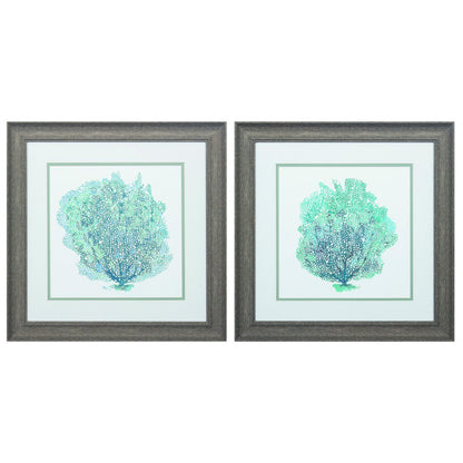 19" X 19" Distressed Wood Toned Frame Teal Coral On White (Set Of 2)