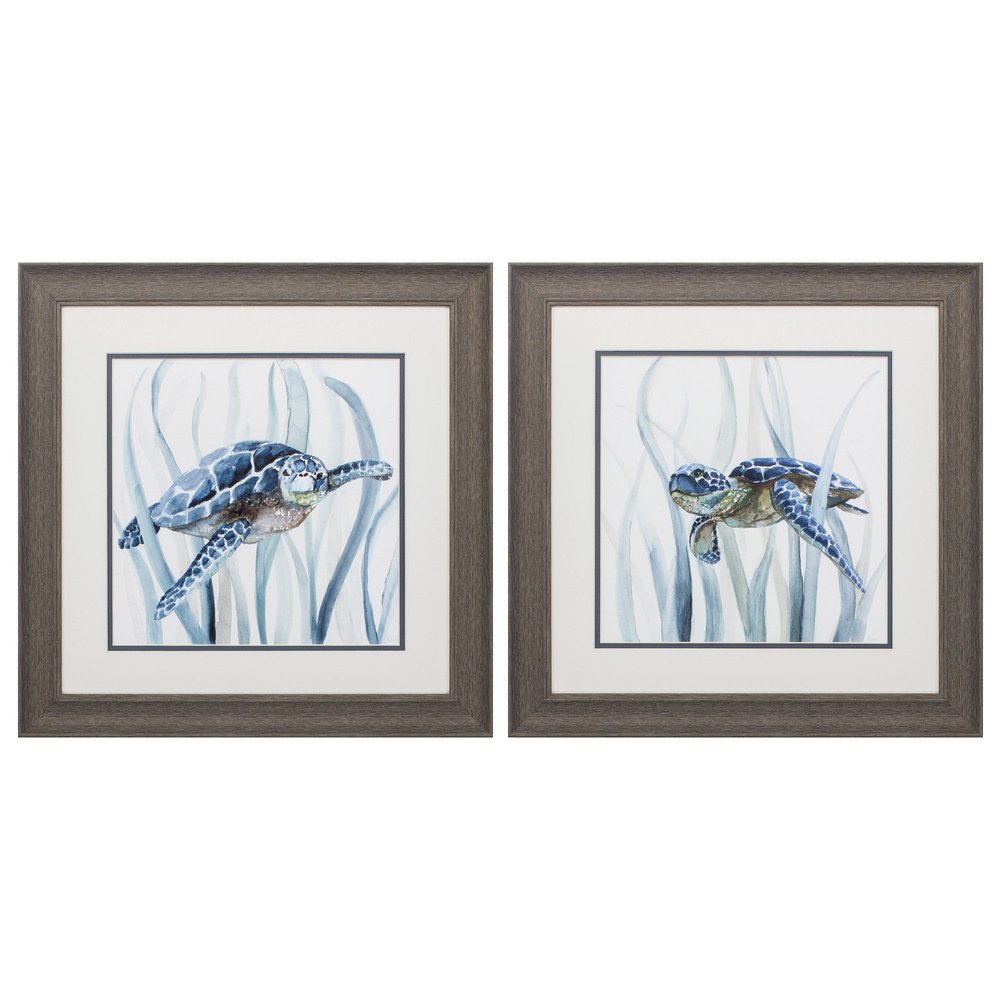 19" X 19" Distressed Wood Toned Frame Turtle In Grass (Set Of 2)