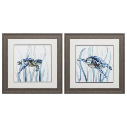 19" X 19" Distressed Wood Toned Frame Turtle In Grass (Set Of 2)