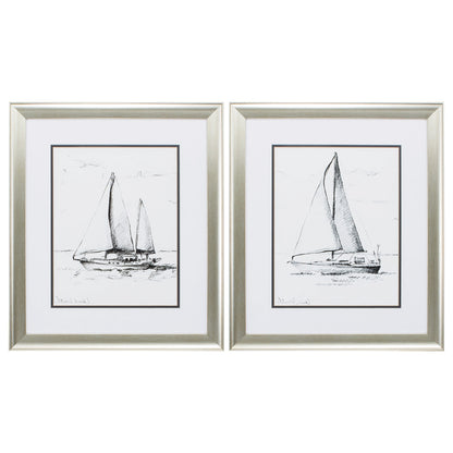 Set of Two 22" X 19" Sail Boat Sketch Silver Framed Wall Decor
