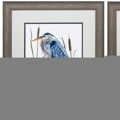 Set of Two 22" X 19" Blue Heron Distressed Brown Framed Wall Decor