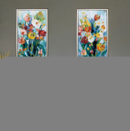 14" X 36" Silver Frame Tall Bright Flowers (Set Of 2)