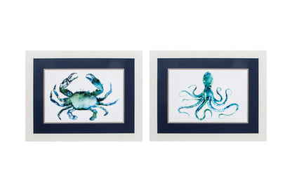 Set of Two 21" X 27" Blue and White Crab and Octopus Coastal Wall Decor