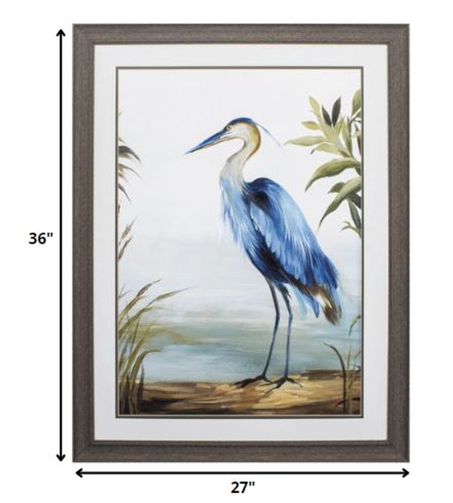36" X 27" Blue Heron Brown Framed Art