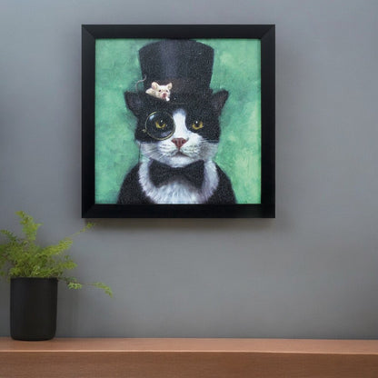 11" X 11" Black Frame Tuxedo Cat