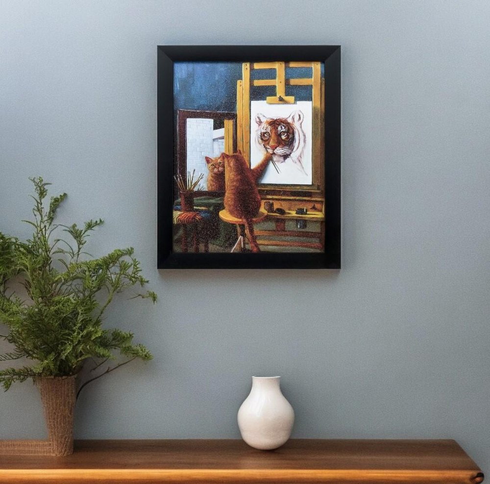 9" X 11" Painting Cat Black Acrylic Framed Art