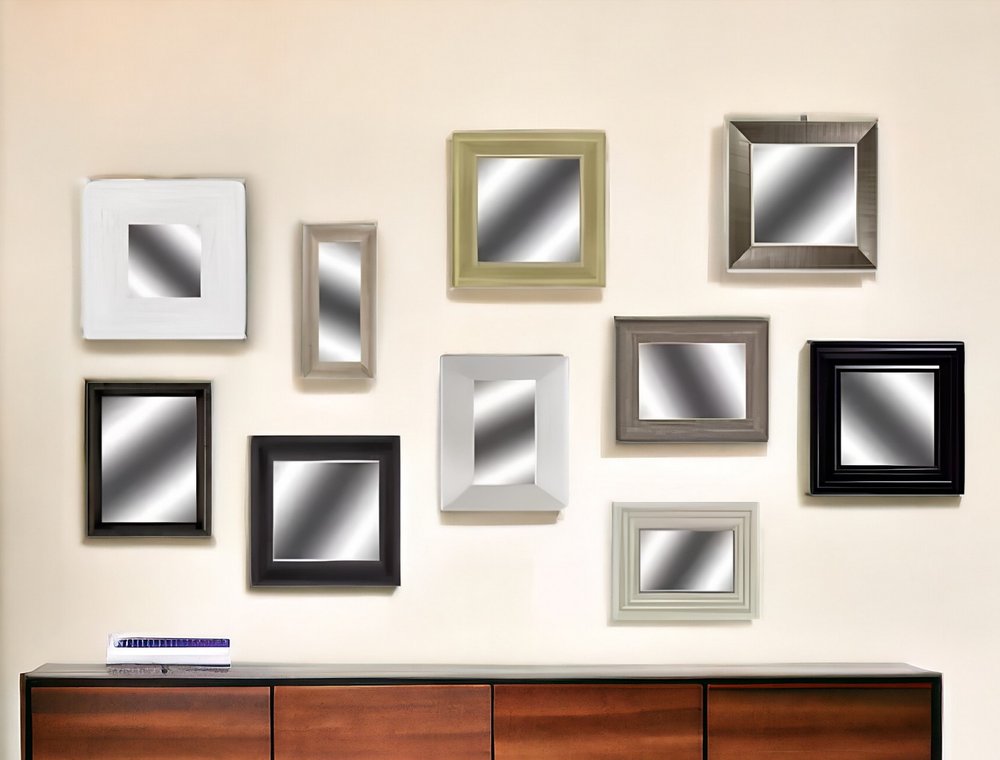 Set of Ten Brown And White Square And Rectangle Framed Mirror Set