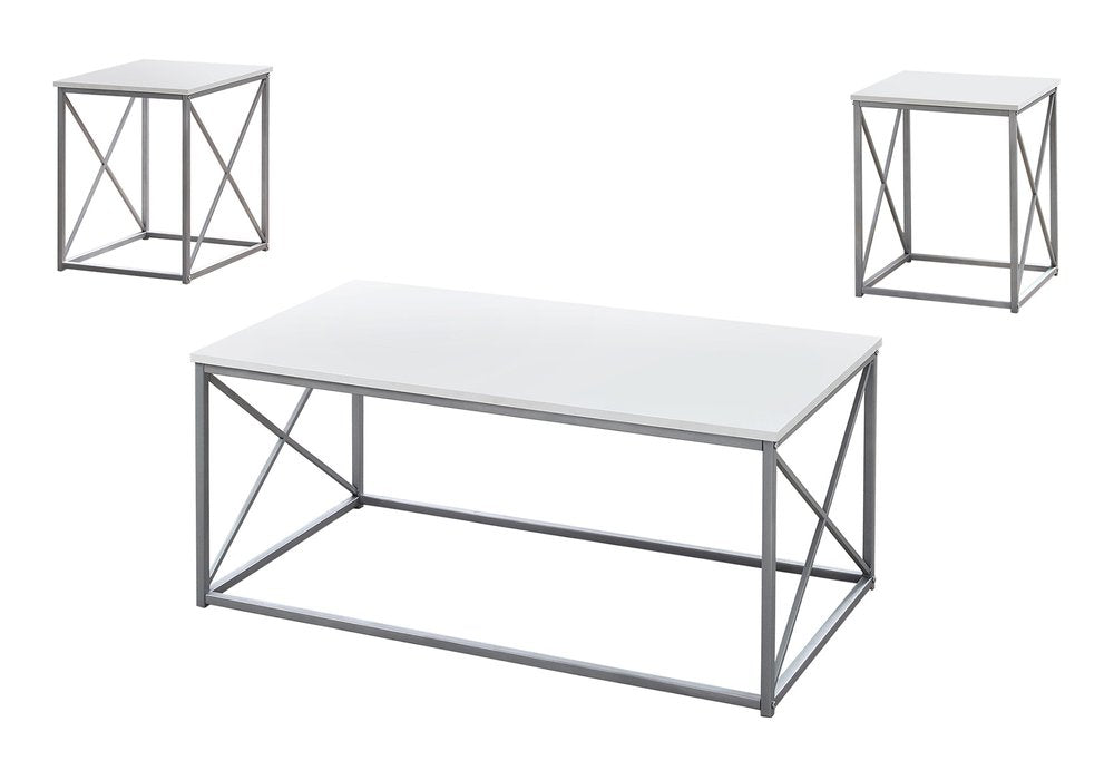 Set of Three 42" White And Silver Metal Coffee Table