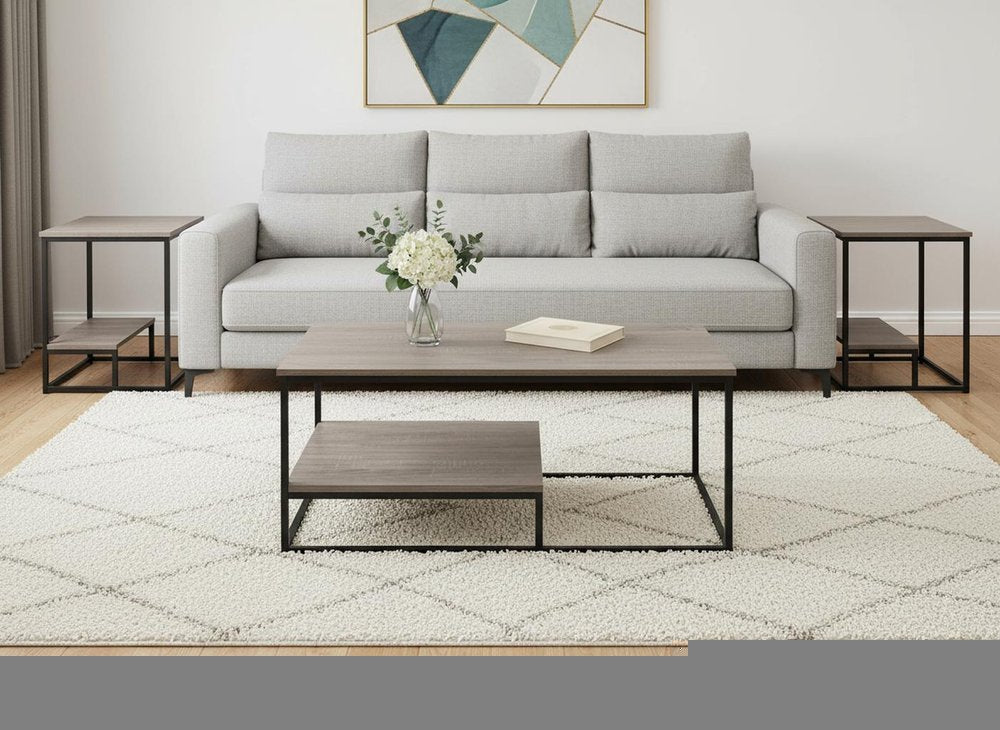 Set of Three 42" Taupe And Black Metal Coffee Table With Shelf
