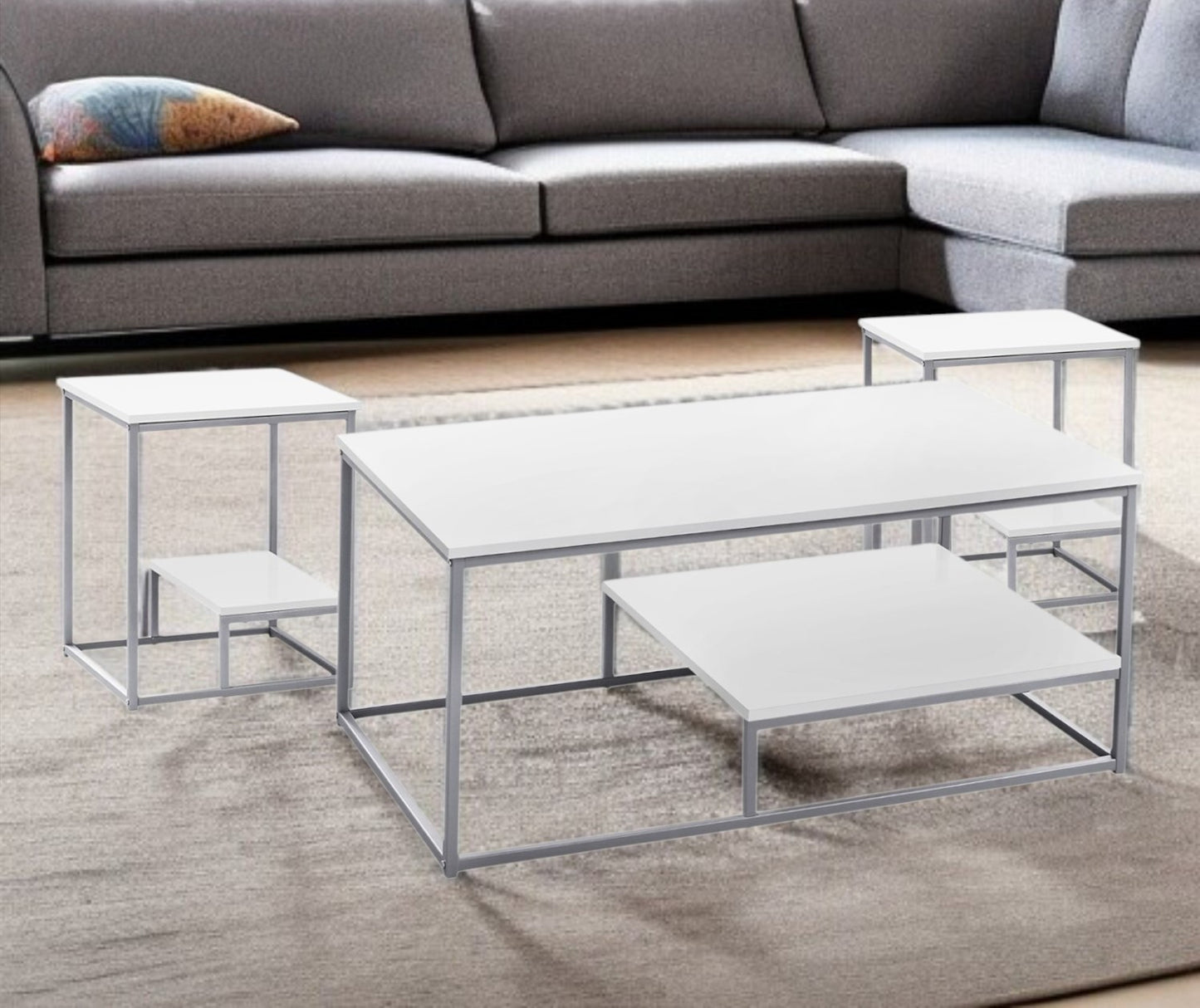 Set of Three 42" White And Silver Metal Coffee Table With Shelf