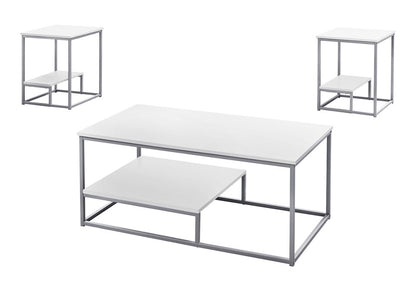 Set of Three 42" White And Silver Metal Coffee Table With Shelf