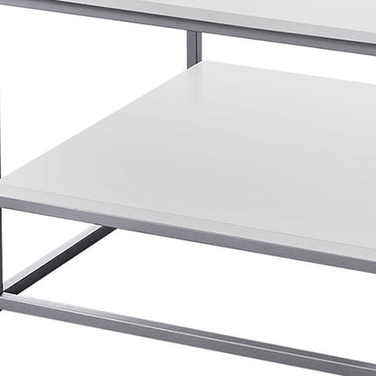 Set of Three 42" White And Silver Metal Coffee Table With Shelf