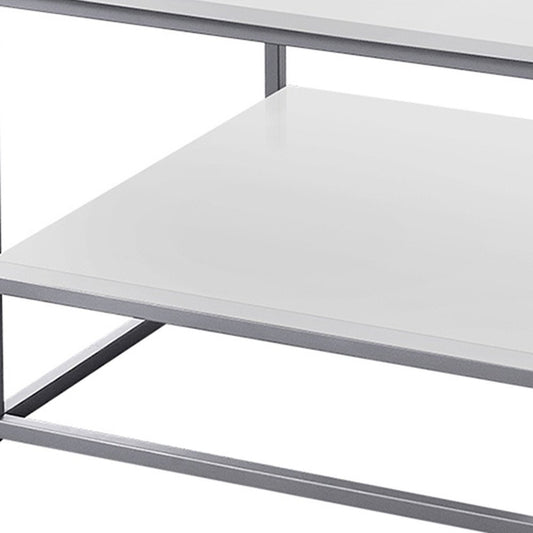 Set of Three 42" White And Silver Metal Coffee Table With Shelf