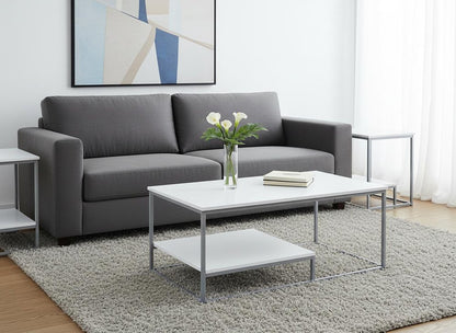 Set of Three 42" White And Silver Metal Coffee Table With Shelf