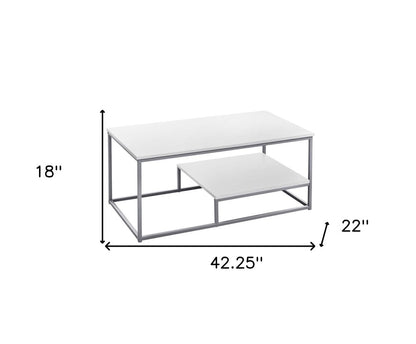 Set of Three 42" White And Silver Metal Coffee Table With Shelf