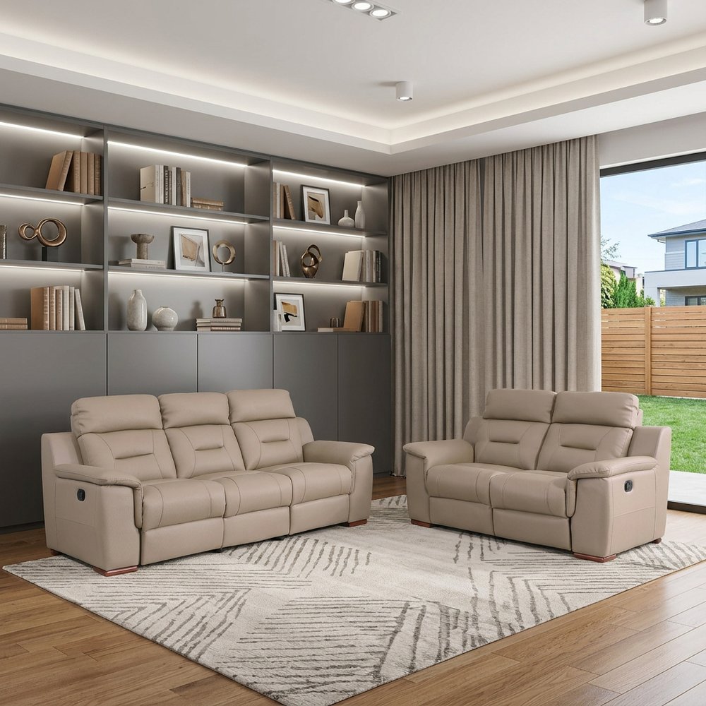 Two Piece Indoor Beige Genuine Leather Five Person Seating Set