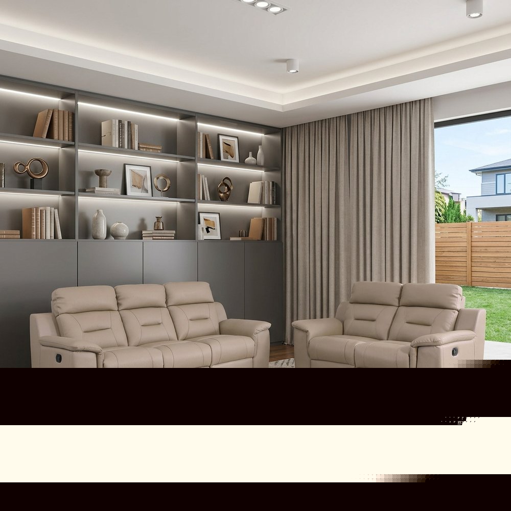 Two Piece Indoor Beige Genuine Leather Five Person Seating Set