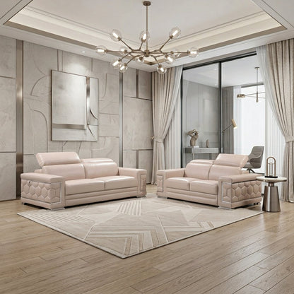 Two Piece Indoor Beige Italian Leather Five Person Seating Set