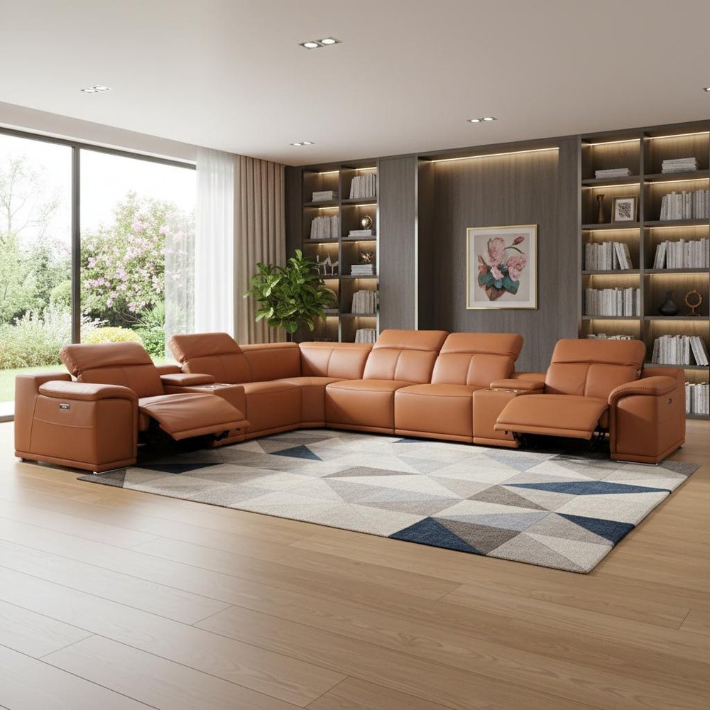 Camel Italian Leather Power Reclining U Shaped Eight Piece Corner Sectional With Console