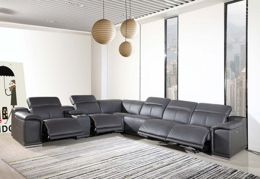 Gray Italian Leather Power Reclining U Shaped Seven Piece Corner Sectional With Console