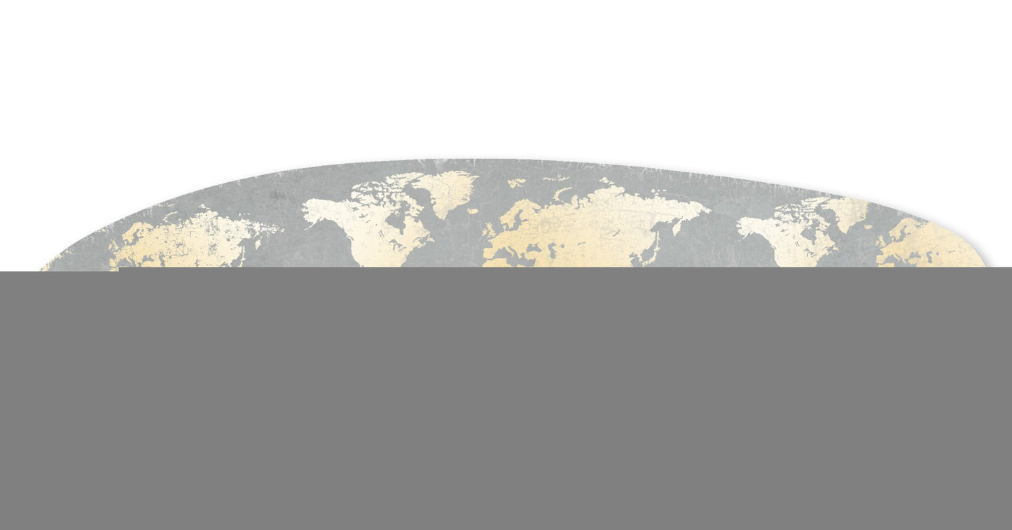 76" X 18" X 1" Grey And Gold World Map Surfboard Wall Art