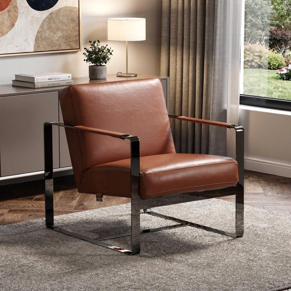 28" Camel And Black Genuine Leather Arm Chair