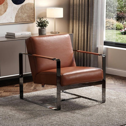 28" Camel And Black Genuine Leather Arm Chair