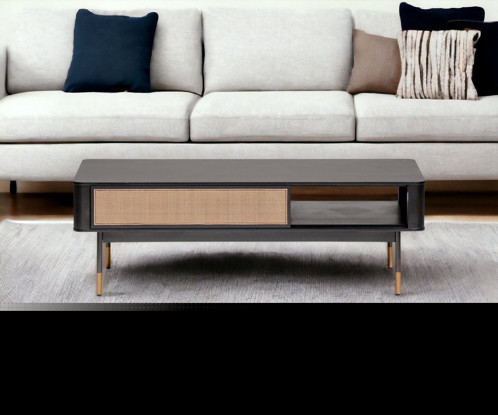 47" Black and Brown Solid Wood And Steel Coffee Table With Drawer And Shelf