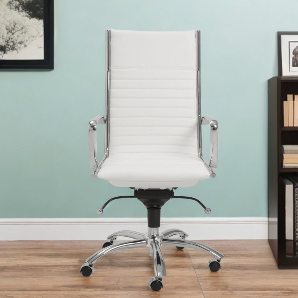 White and Silver Adjustable Swivel Faux Leather Rolling Conference Office Chair