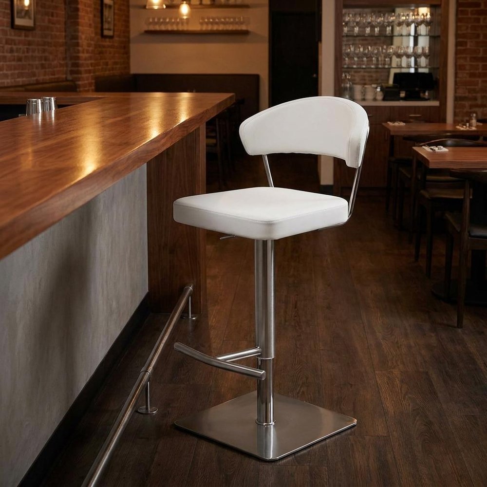 White And Silver Faux Leather And Steel Bar Chair