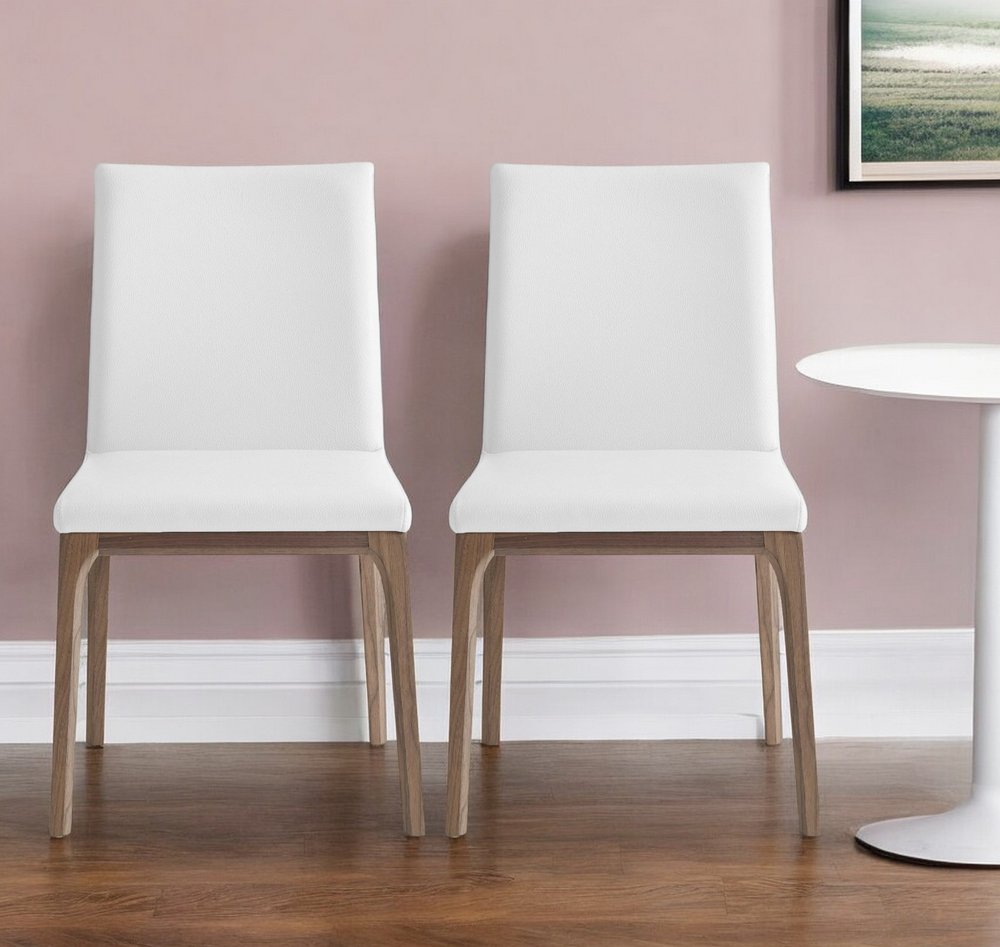 Set of Two White and Brown Upholstered Faux Leather Dining Side Chairs